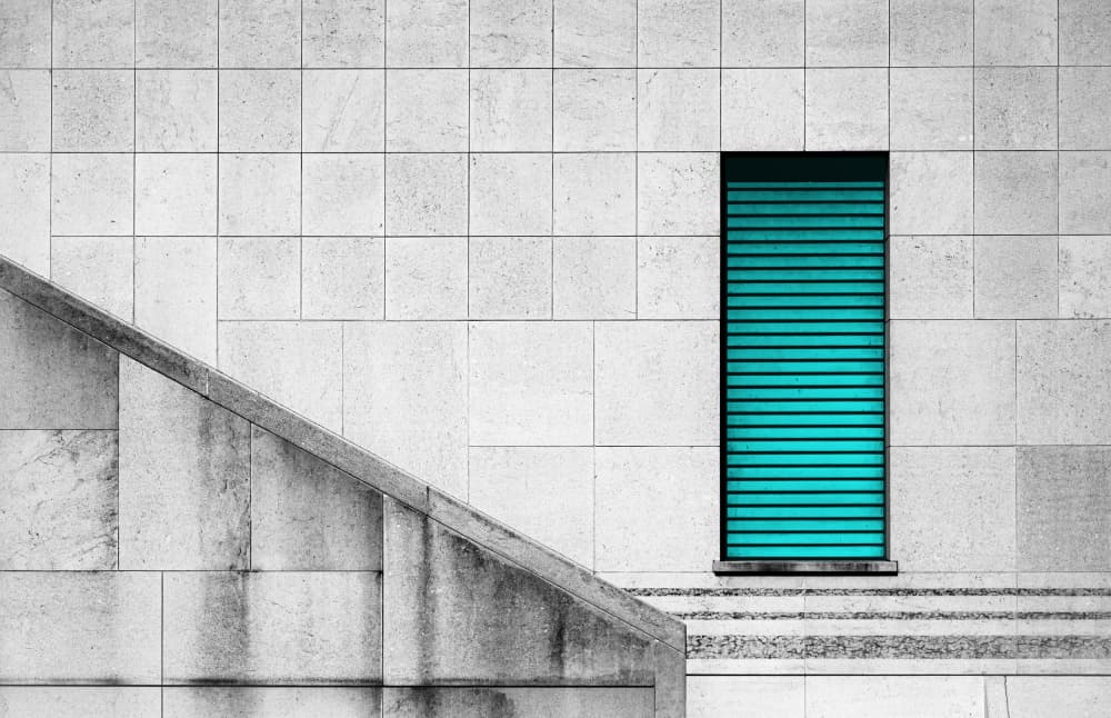 Teal Shutter and Stairs by Roland M Schwerdtfeger — canvas wall art