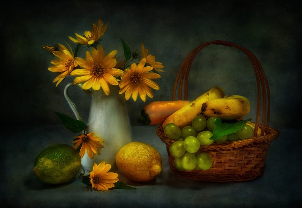 Moody Flowers and Fruit by Fran Osuna — canvas wall art