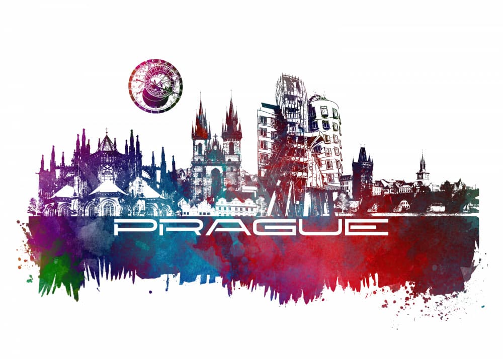Prague Watercolor Skyline by Justyna Jaszke — canvas wall art