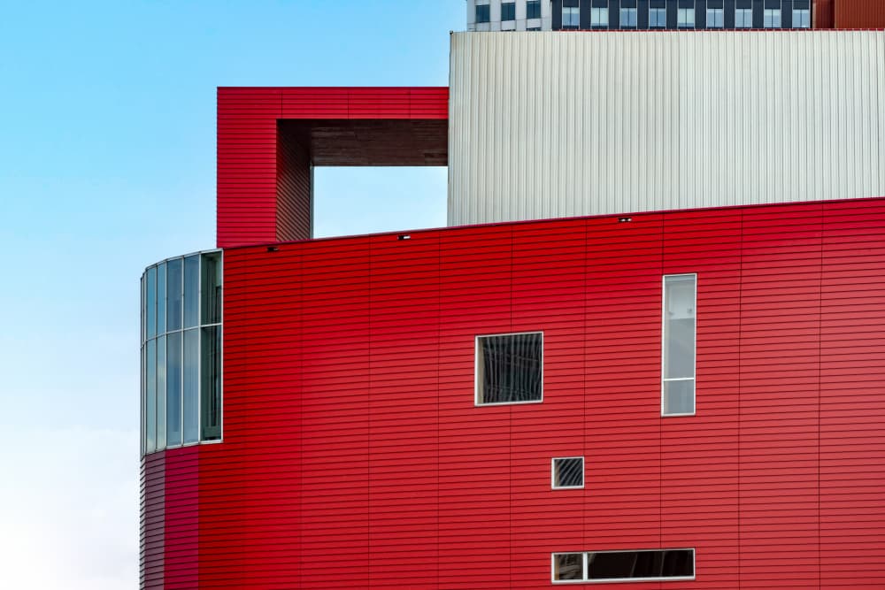 Red Geometric Building by Linda Wride — canvas wall art