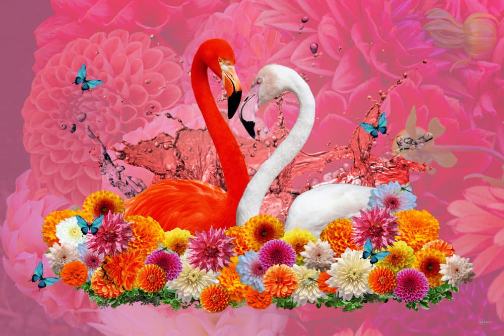 Flamingo Love Blossoms by Sue Skellern — canvas wall art