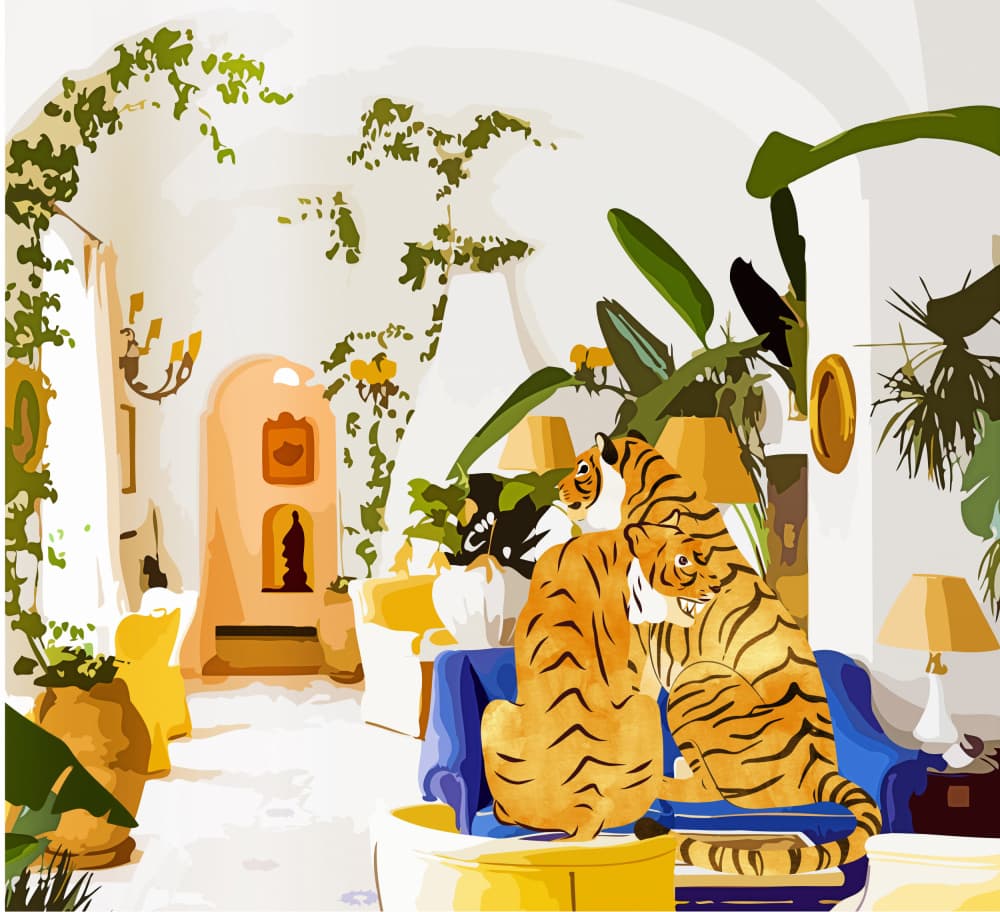 Playful Tigers Elegant Room by Uma Gokhale — canvas wall art