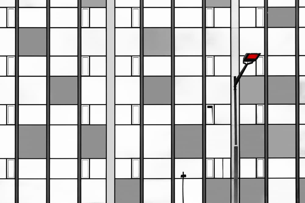 Red Lamp Urban Facade by Hans-Wolfgang Hawerkamp — canvas wall art
