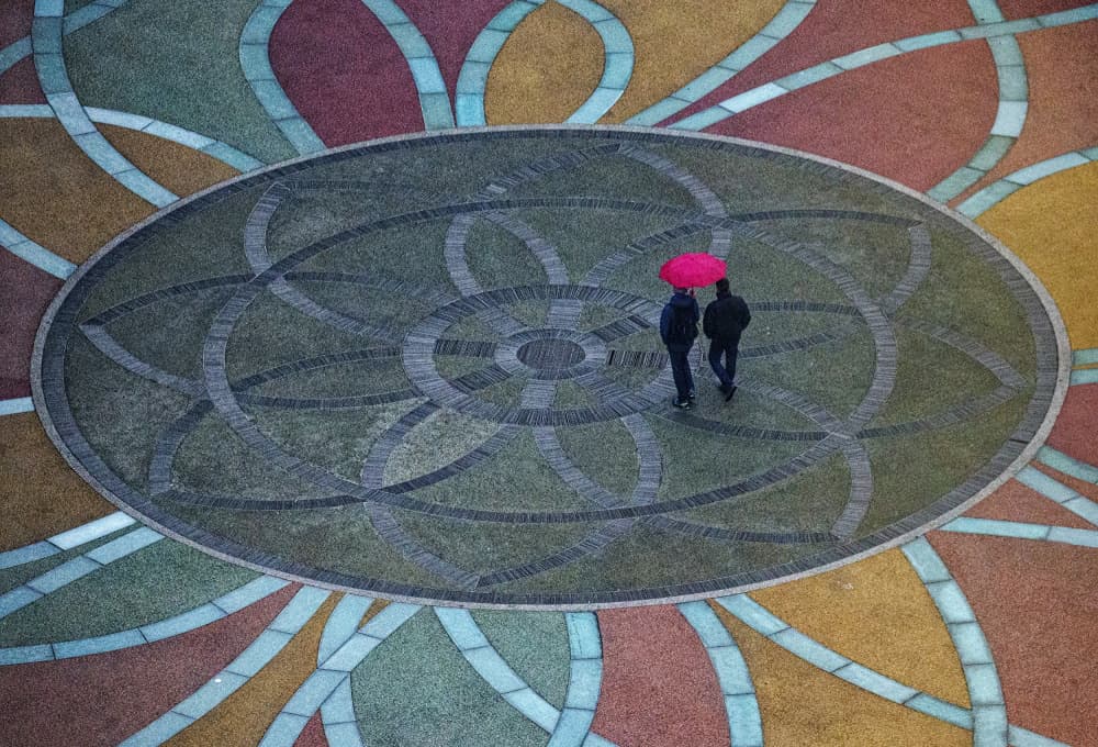 Pink Umbrella Geometric Plaza by C.S. Tjandra — canvas wall art