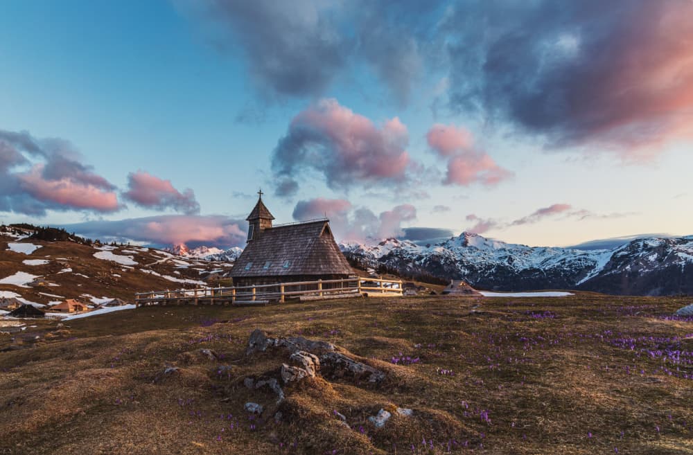 Alpine Chapel Sunset Glow by Bor — canvas wall art