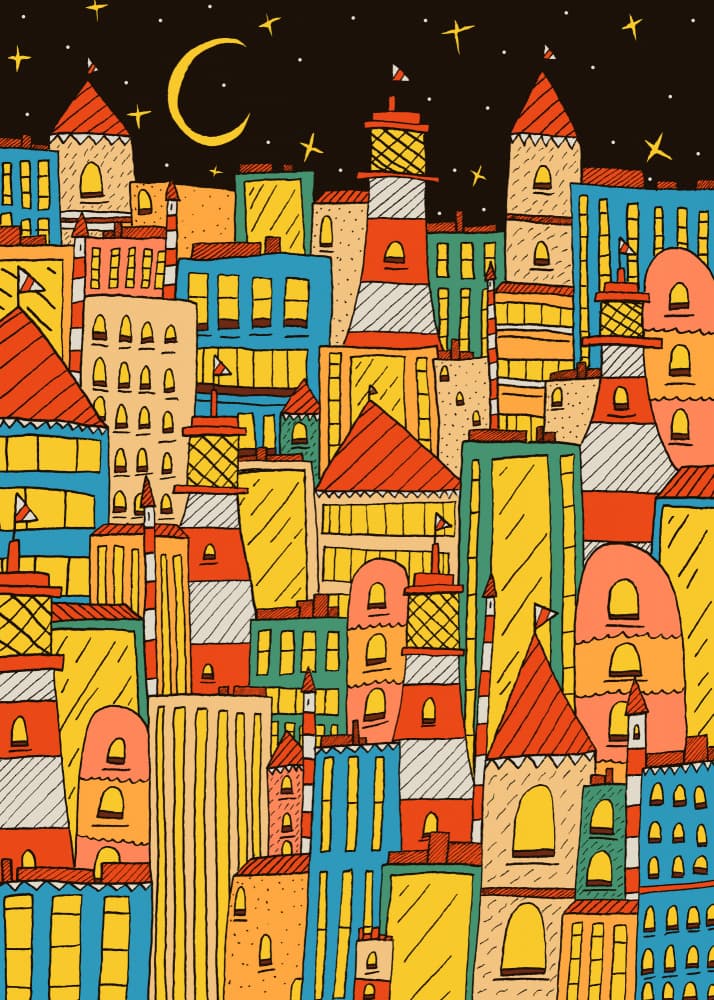 Whimsical City Night by Stephen Wade — canvas wall art