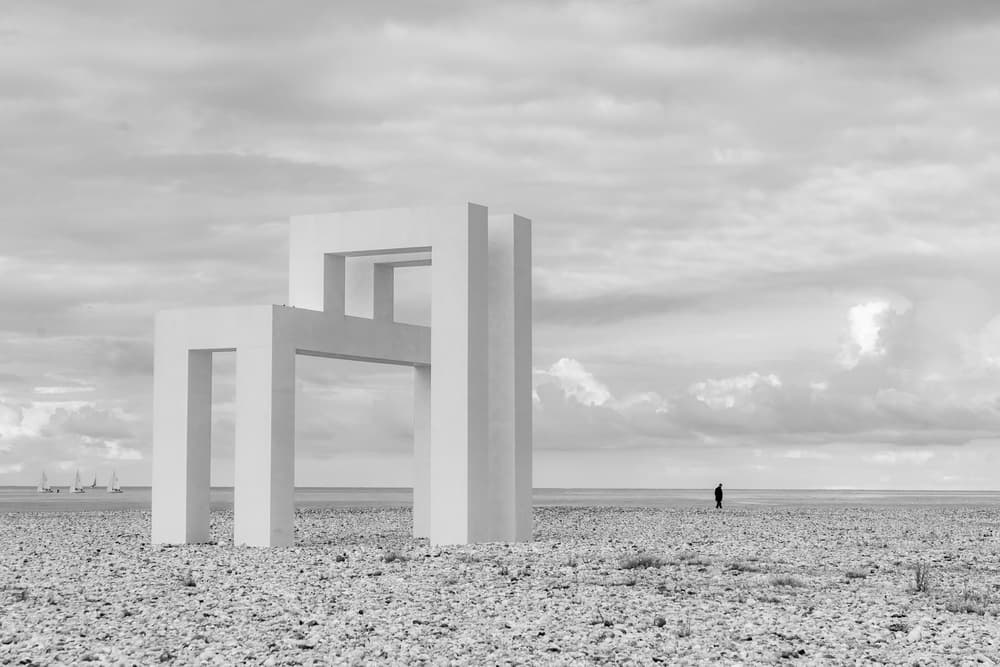 Impossible Sculpture Deserted Beach by Luc Vangindertael (laGrange) — canvas wall art