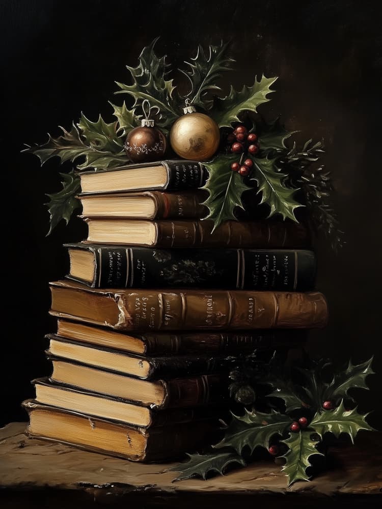 Christmas Books and Holly by Jolly and Dash — canvas wall art