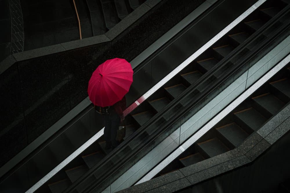Red Umbrella Ascent by Haruyo Sakamoto — canvas wall art