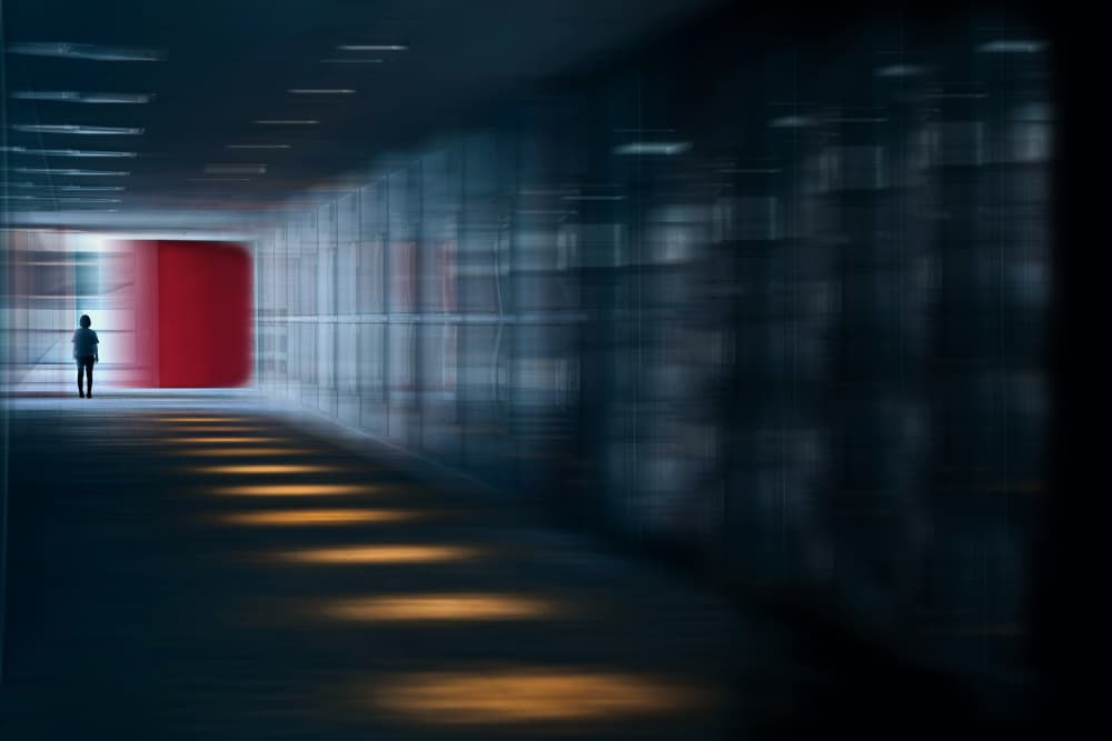 Lone Figure Red Hallway by MingLun Tsai (蔡明倫) — canvas wall art