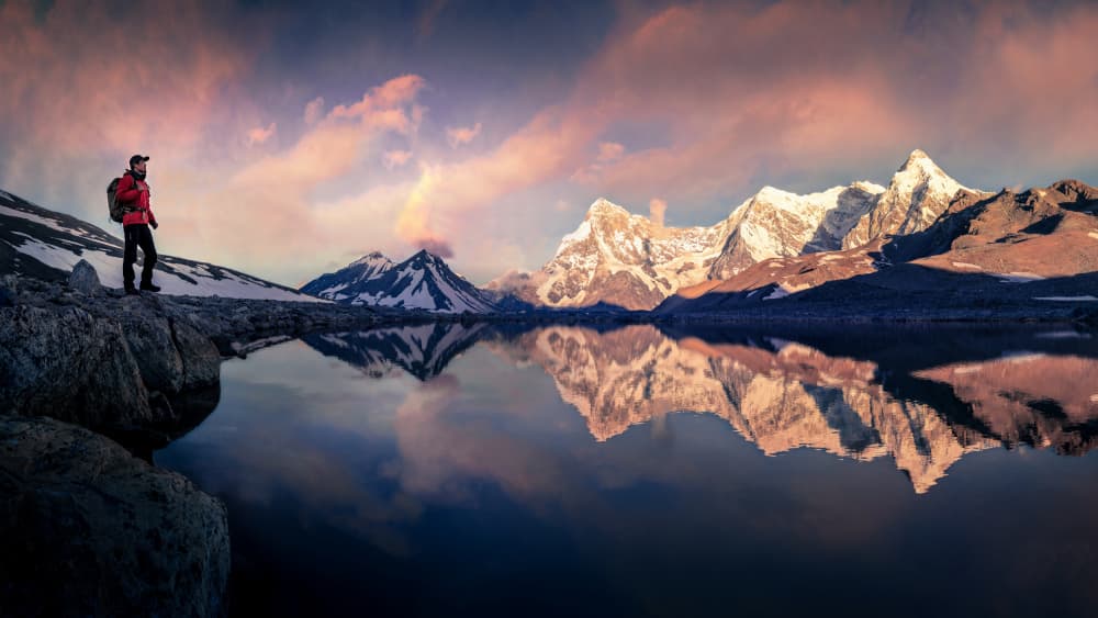 Hiker Mountain Reflection by qiye — canvas wall art