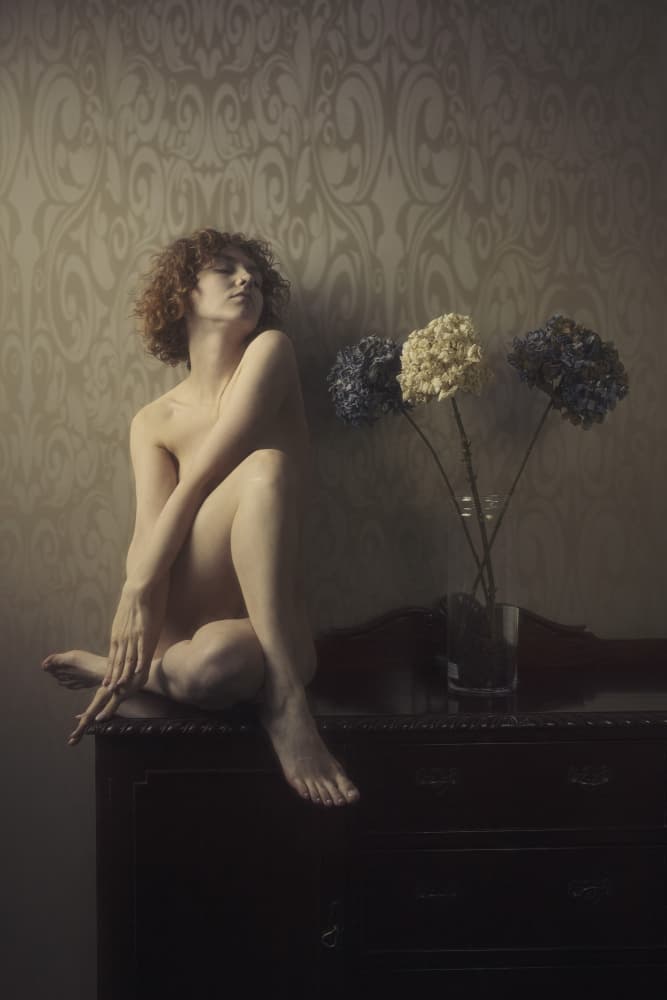 Contemplative Nude with Hydrangeas by Eddie Kavanagh — canvas wall art