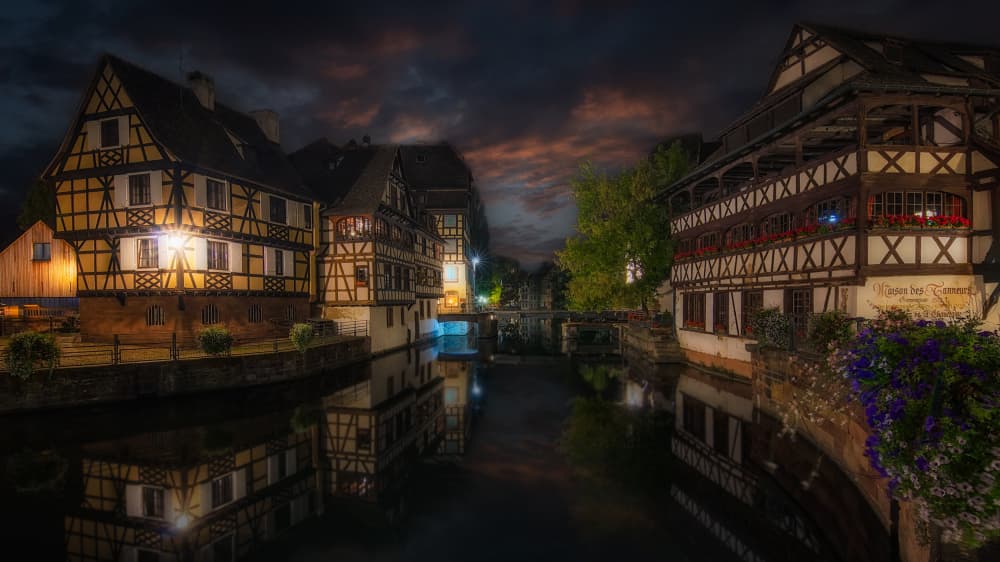 Strasbourg Canal Night Reflections by Bartolome Lopez — canvas wall art