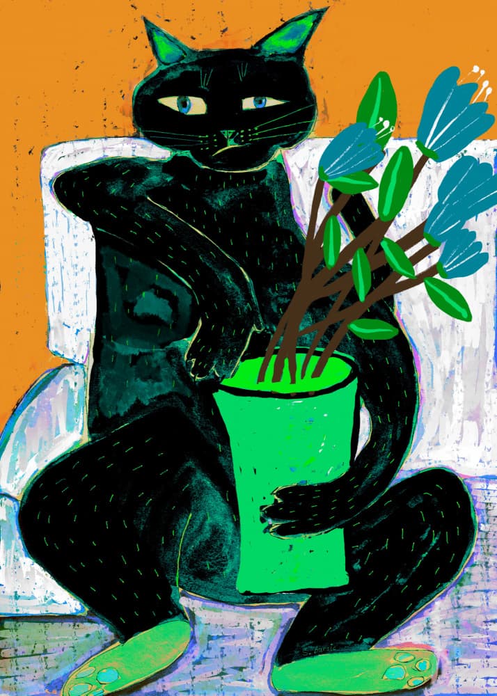 Whimsical Black Cat Plant by Sharyn Bursic — canvas wall art