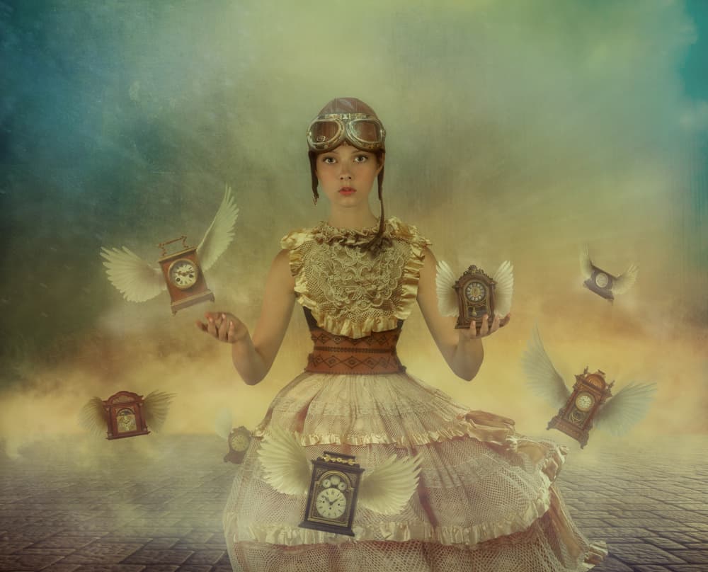 Dreamy Girl Flying Clocks by Svetlana Melik-Nubarova — canvas wall art