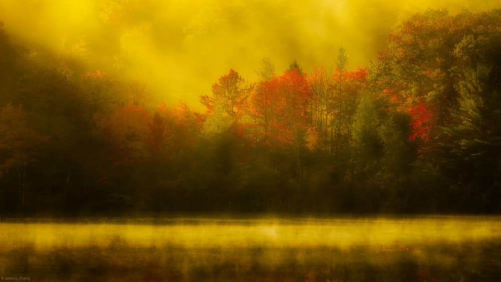 Golden Autumn Lake Mist by Johnny Zhang — canvas wall art