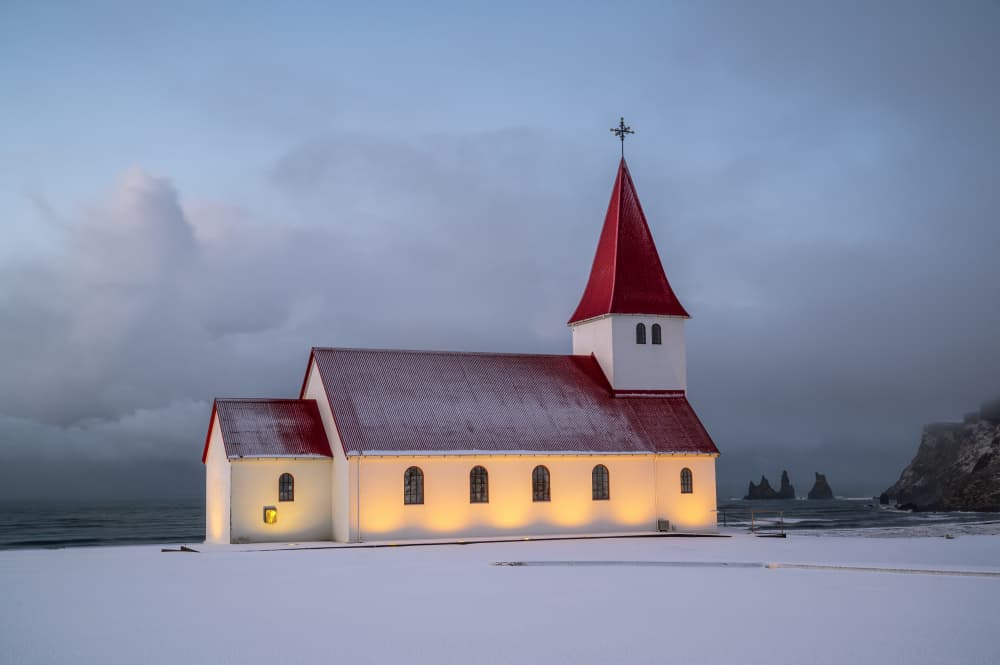 Vik Iceland Winter Church by Marc van Oostrum — canvas wall art