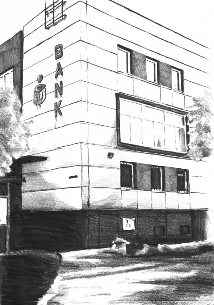 Urban Bank Building Sketch by Kulik — canvas wall art
