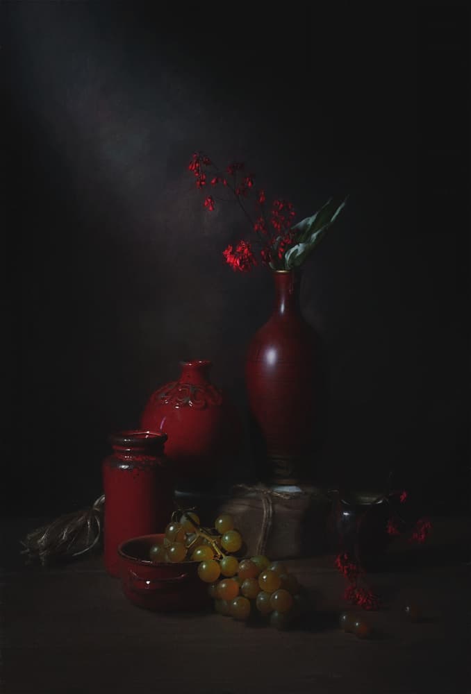 Moody Red Still Life by Lydia Jacobs — canvas wall art