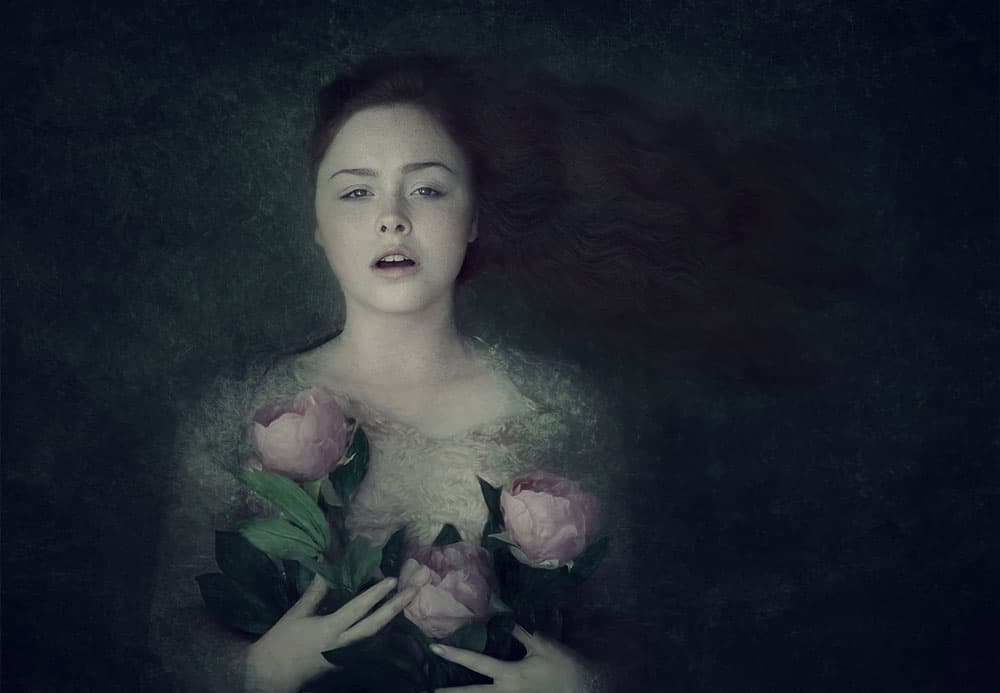 Woman Floating Peonies by kenp — canvas wall art
