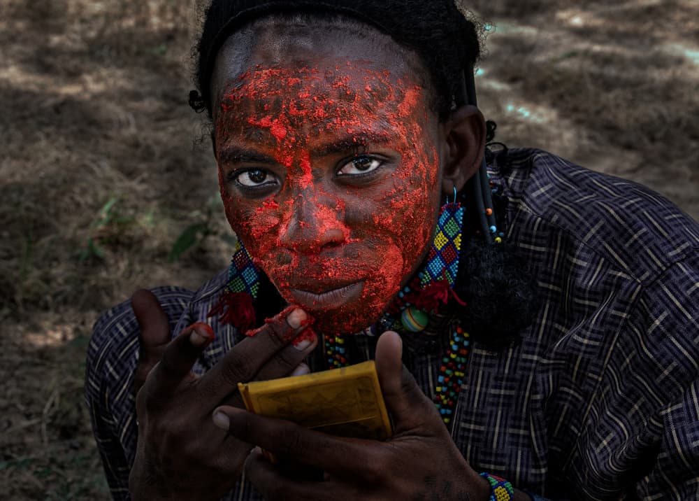 Red Face Paint Portrait by Joxe Inazio Kuesta Garmendia — canvas wall art