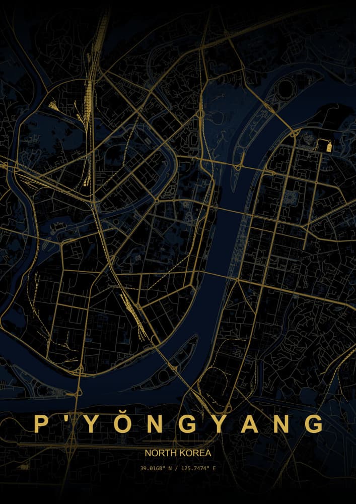 Golden Pyongyang Map by HUGO — canvas wall art