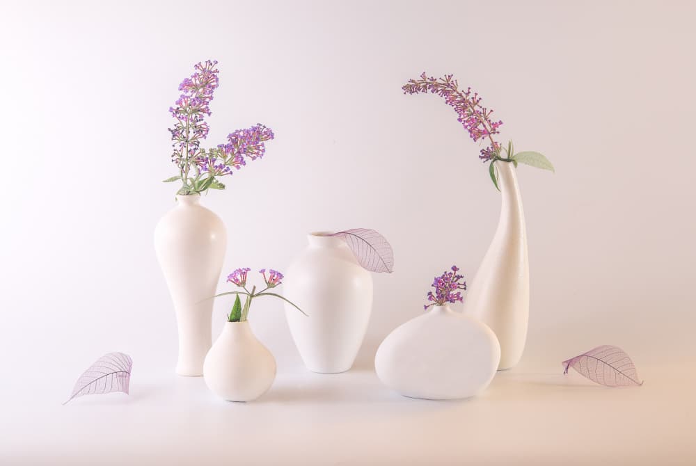 White Vases Lavender Flowers by May G — canvas wall art