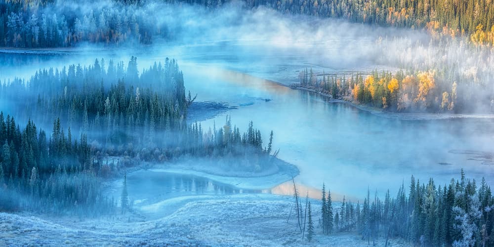 Misty River Morning Light by Mei Xu — canvas wall art