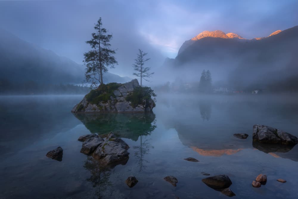 Misty Lake Mountain Sunrise by Jianping Yang — canvas wall art