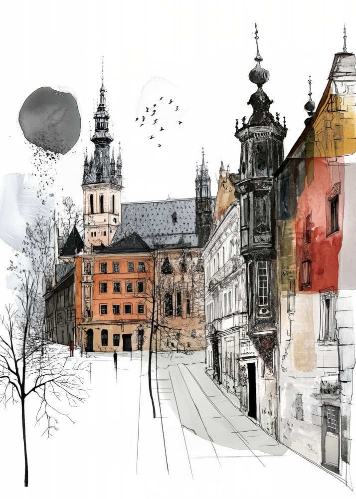 Historic European City Sketch by Justyna Jaszke — canvas wall art