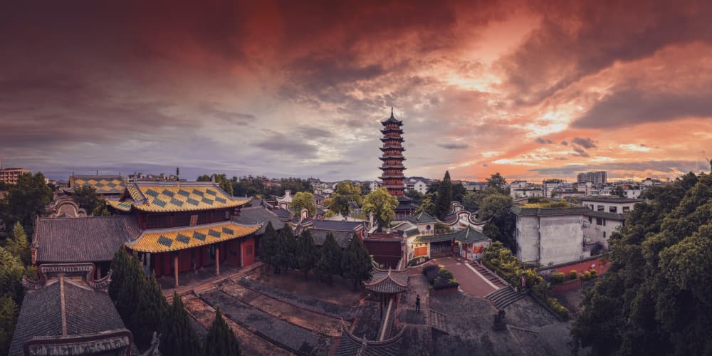 Chinese Pagoda Sunset Sky by qiye — canvas wall art