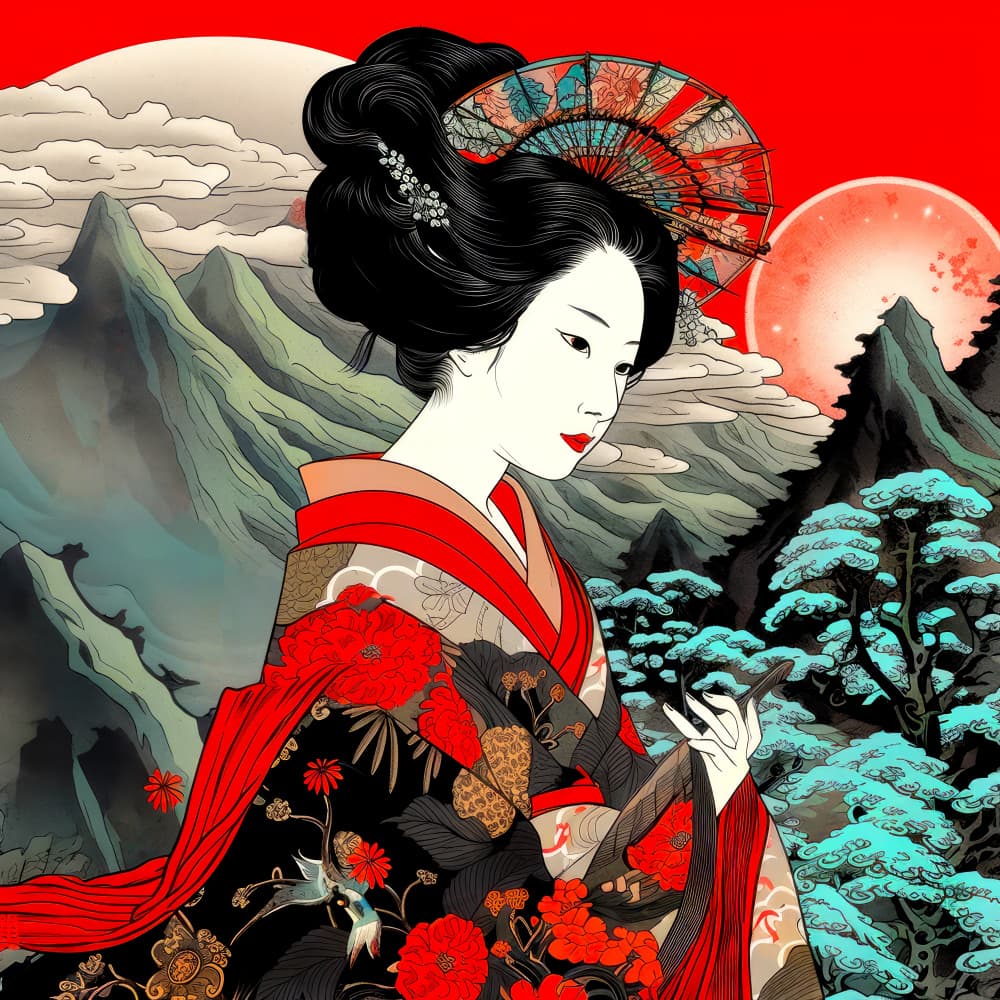 Geisha and Red Sun by Justyna Jaszke — canvas wall art