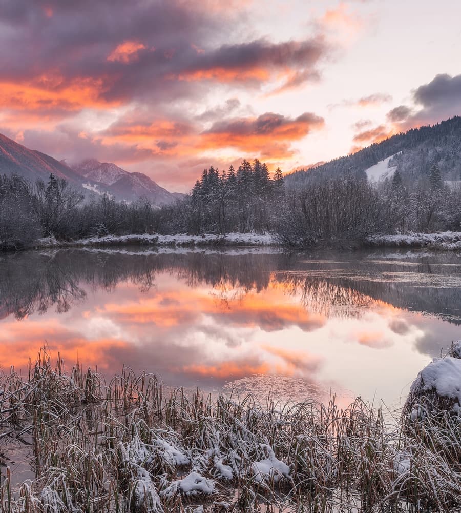 Crimson Winter Lake by Ales Krivec — canvas wall art