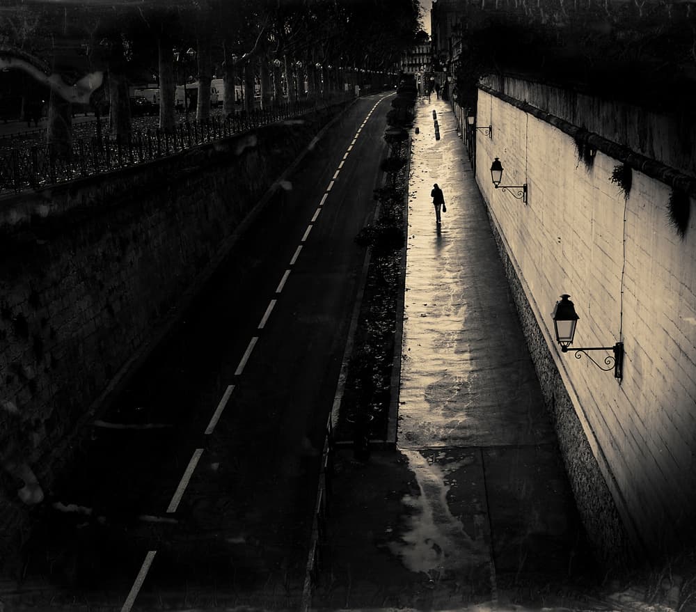 Lone Figure Dark Street by Bogdan Bouşcă — canvas wall art
