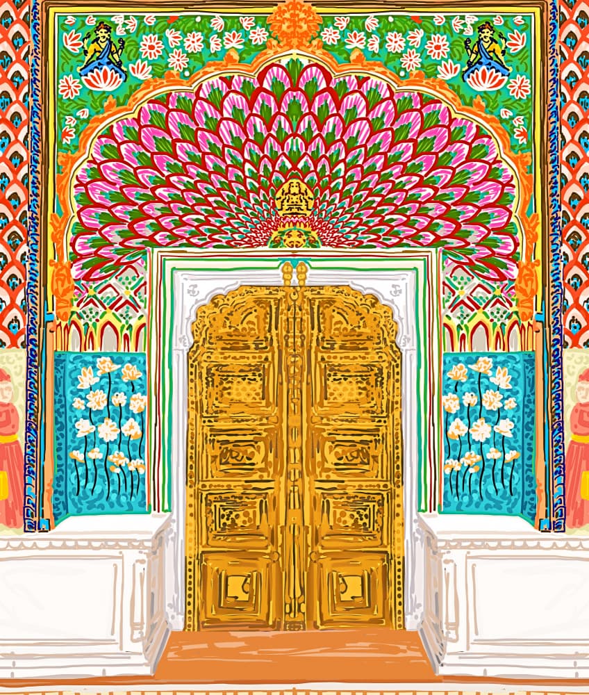 Golden Peacock Palace by Uma Gokhale — canvas wall art