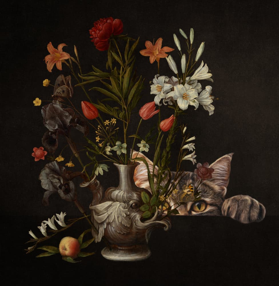 Peeking Cat Still Life by Marja van den Hurk — canvas wall art