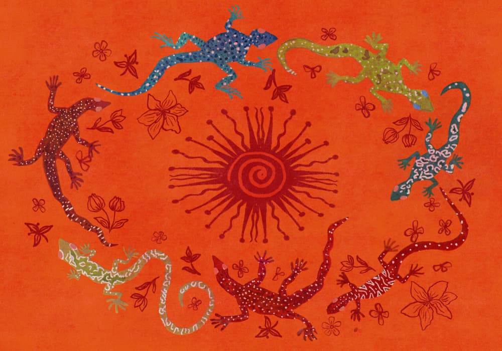 Vibrant Lizards and Sun by Aliya Putrus — canvas wall art