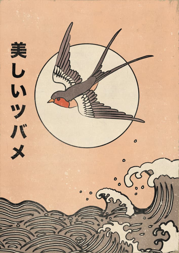 Japanese Swallow Over Waves by Nicholas — canvas wall art