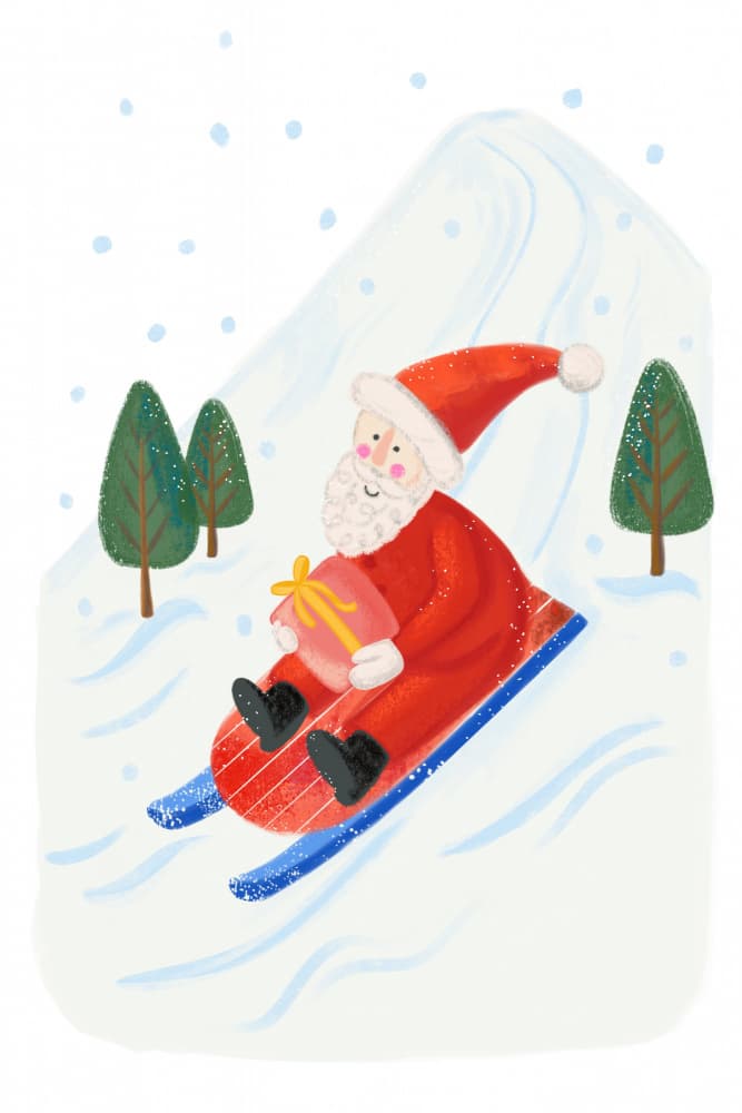 Santa Sledding Downhill by Nikita Jariwala — canvas wall art