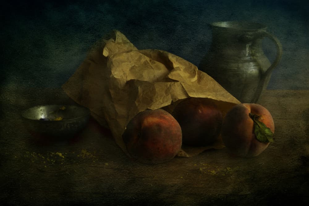 Moody Peaches Still Life by Ramiz Sahin — canvas wall art