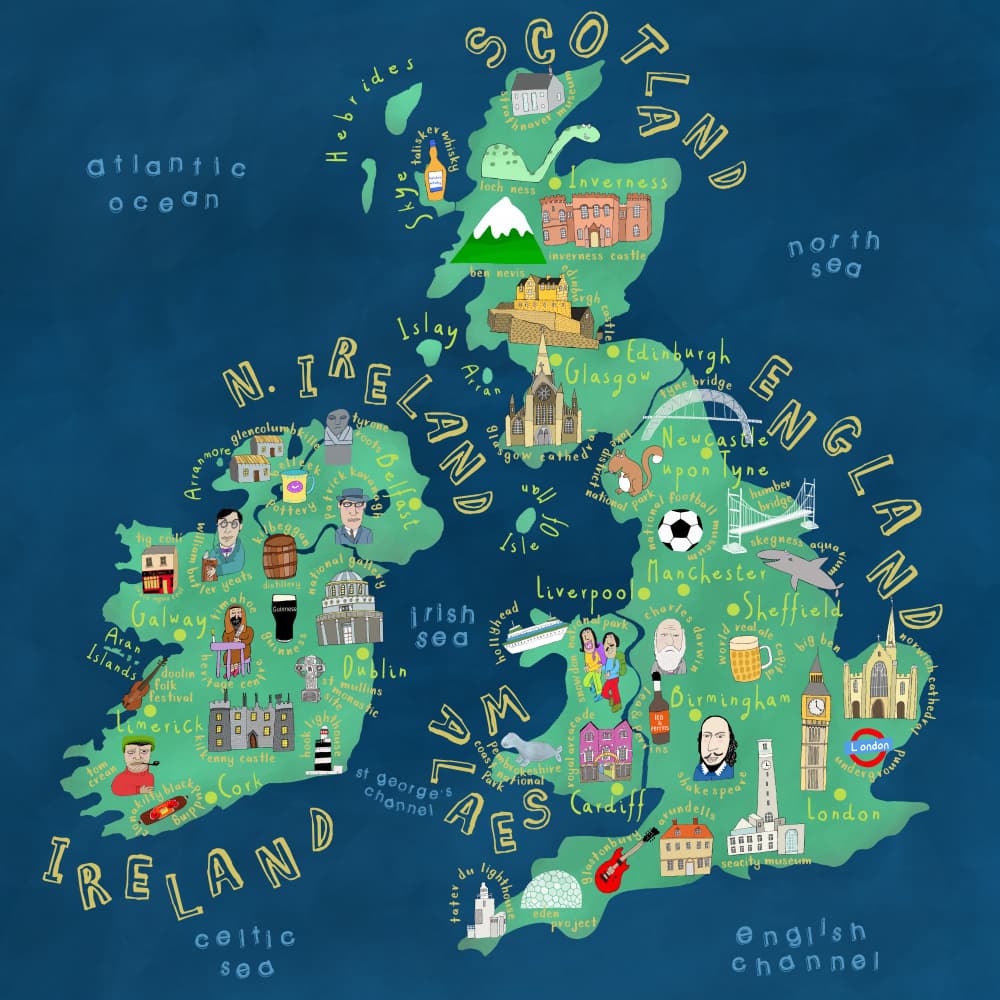 Illustrated British Isles Map by Carla Daly — canvas wall art