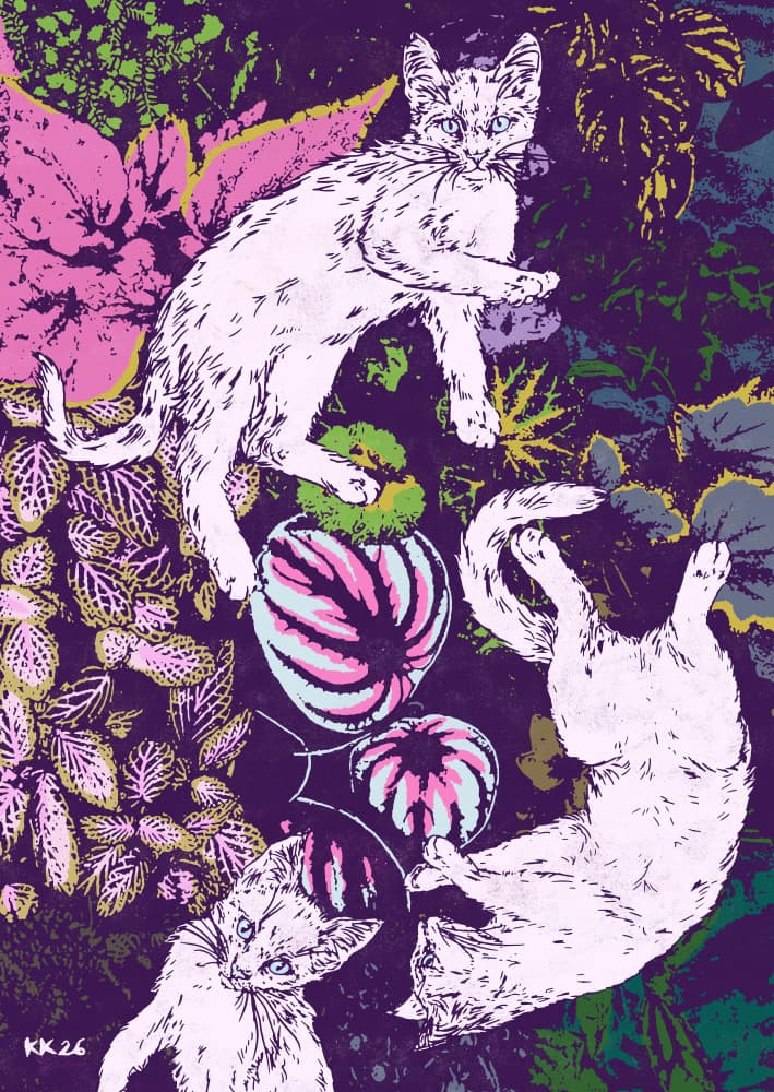Playful Cats and Plants by Katariina Kosunen — canvas wall art