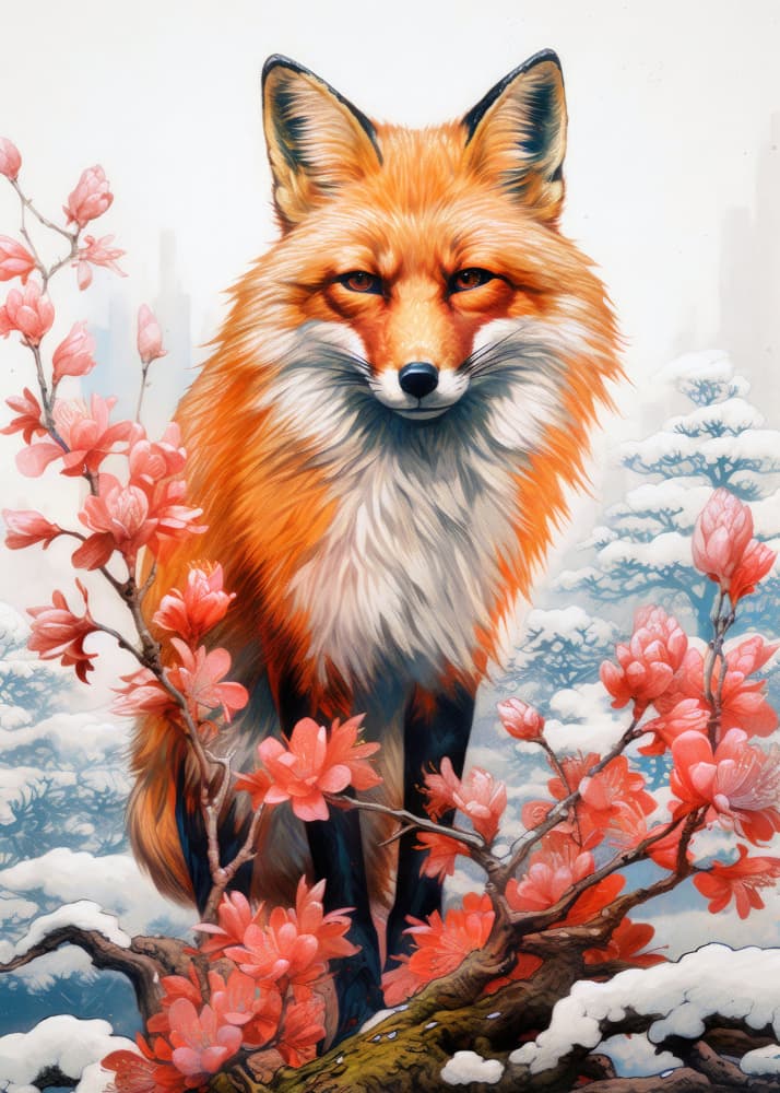 Red Fox Winter Blossoms by Justyna Jaszke — canvas wall art