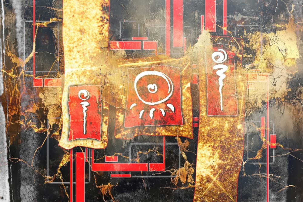 Red Gold Abstract Symbols by Rafal Kulik — canvas wall art