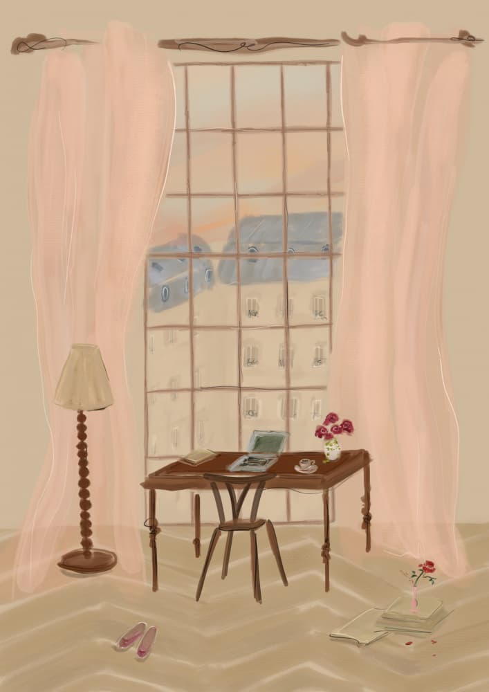 Paris Window View Illustration with Rustic Desk by Katharina Puritscher — canvas wall art