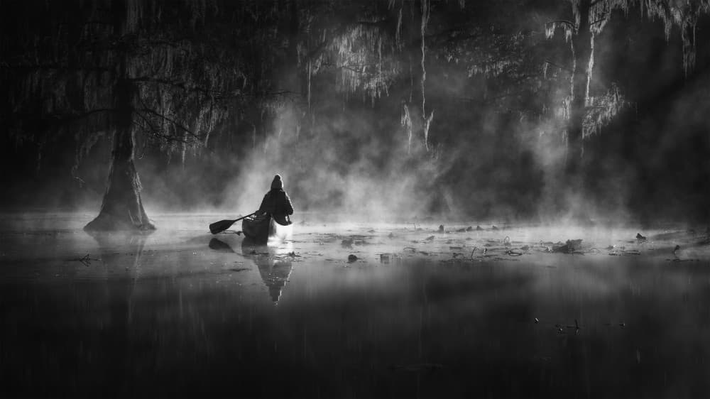 Misty Swamp Canoe by Ruiqing P. — canvas wall art