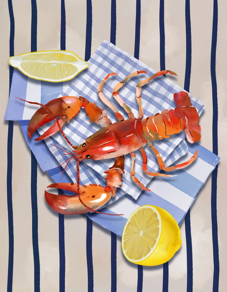 Lobster and Lemon Stripes by Elena Dorosh — canvas wall art