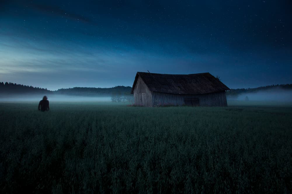 Night Barn Lone Figure by Mika Suutari — canvas wall art