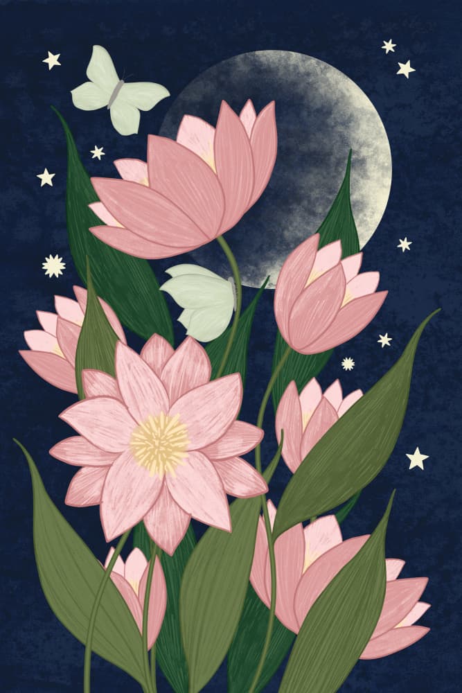 Pink Lotus Moonlight by EMELIEmaria — canvas wall art