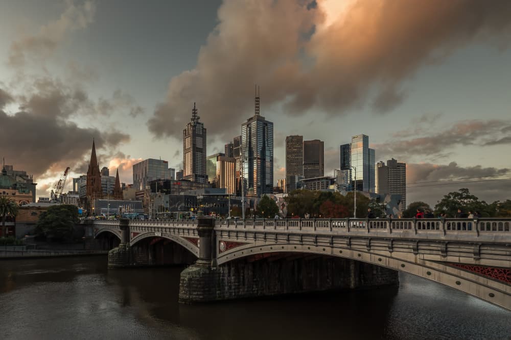 Melbourne Skyline Dusk by Irene Wu — canvas wall art
